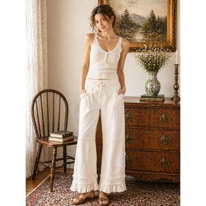 Misslook Cottage Core Boho Wide Leg Soft Girl Farmhouse Chic Linen Pants Size M